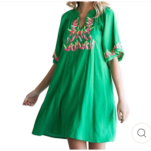 Jodifl | Kelly Green Colorful Embroidered Shift Dress Size Medium Spring Summer - Picture 2 of 5